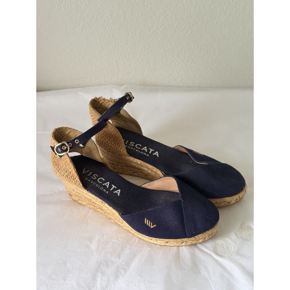 Viscata Barcelona Navy Blue Canvas Wedge Espadrilles Made in Spain Women’s 5